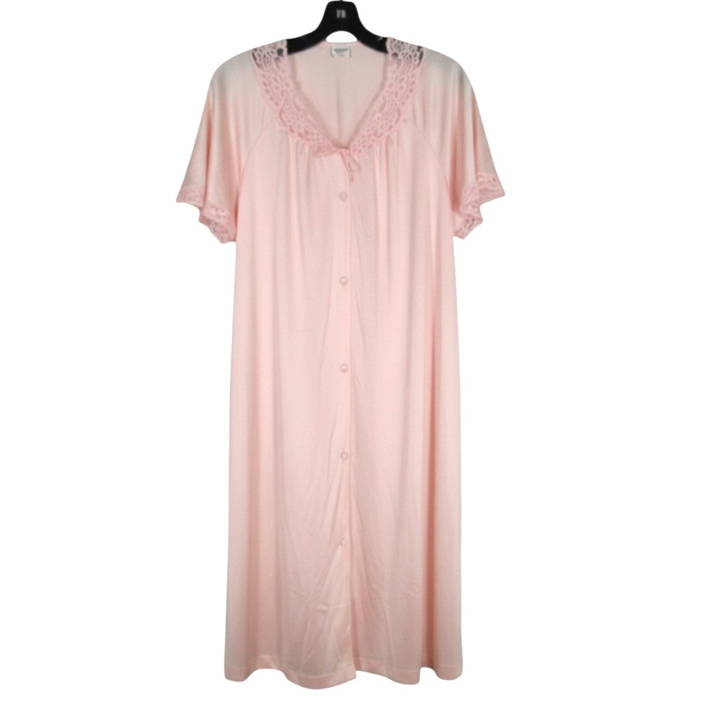 VANITY FAIR Silky NYLON Pink FLORAL LACE Button-Up 1-POCKET Lounge ROBE Sz S